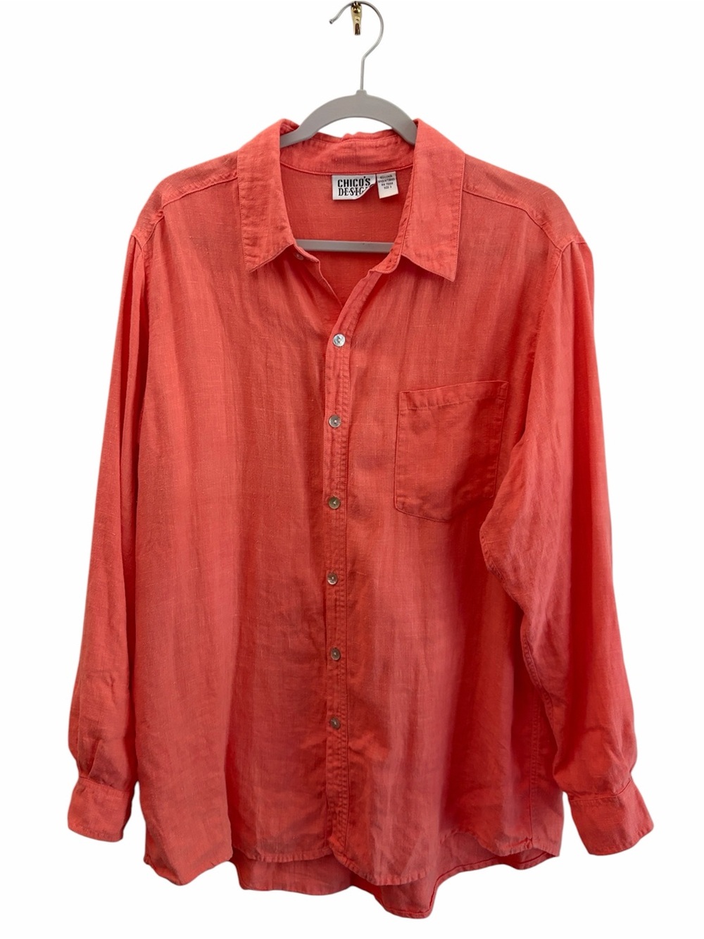 Chico's Design Coastal Coral 100% Turkish Linen Button-Up Shirt Size 3 Beach